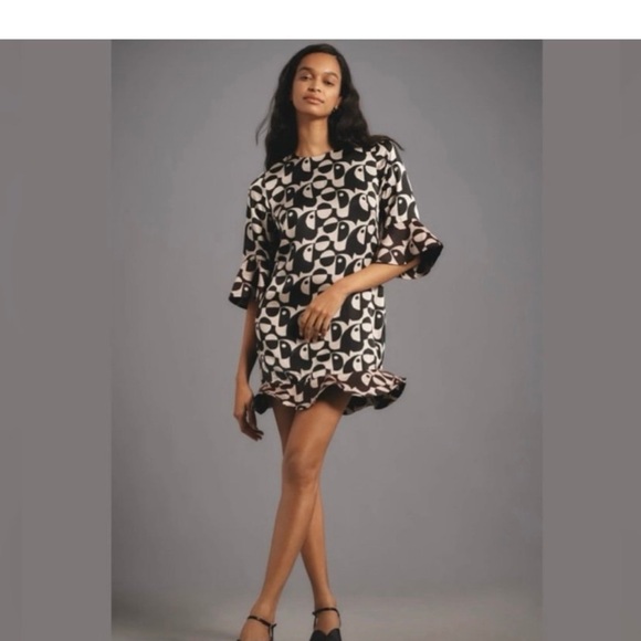 Farm Rio Black and White Patterned Dress with Ruffle Sleeves L - Picture 2 of 3